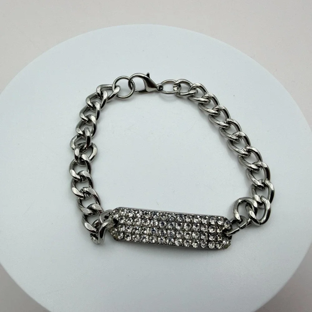Vintage 90s Silver Tone ID Bar Bracelet Embellishments Adjustable Chain Jewelry